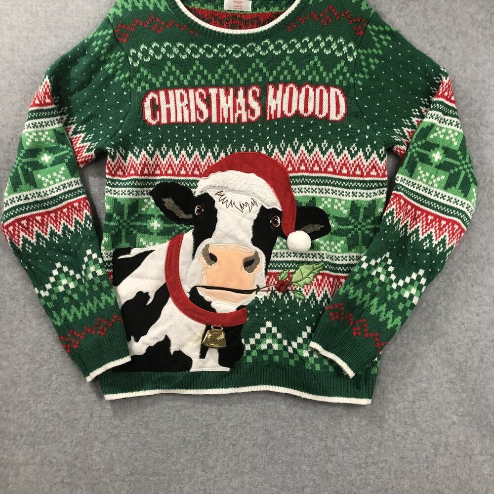 Ugly Christmas Sweater Cow Size M Mooood Funny Holiday Knit Party 3-D Bell Green
